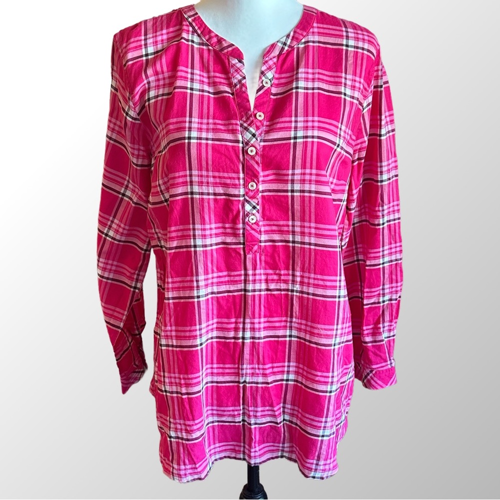 Talbots Shirt​ Women’s Large Pink Plaid 100%‎ Cotton Collarless Front Buttons